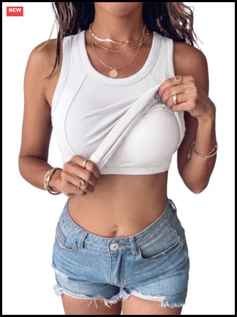 Built in Bra Tank Top Women Ribbed Sleeveless Scoop Neck Casual Summer